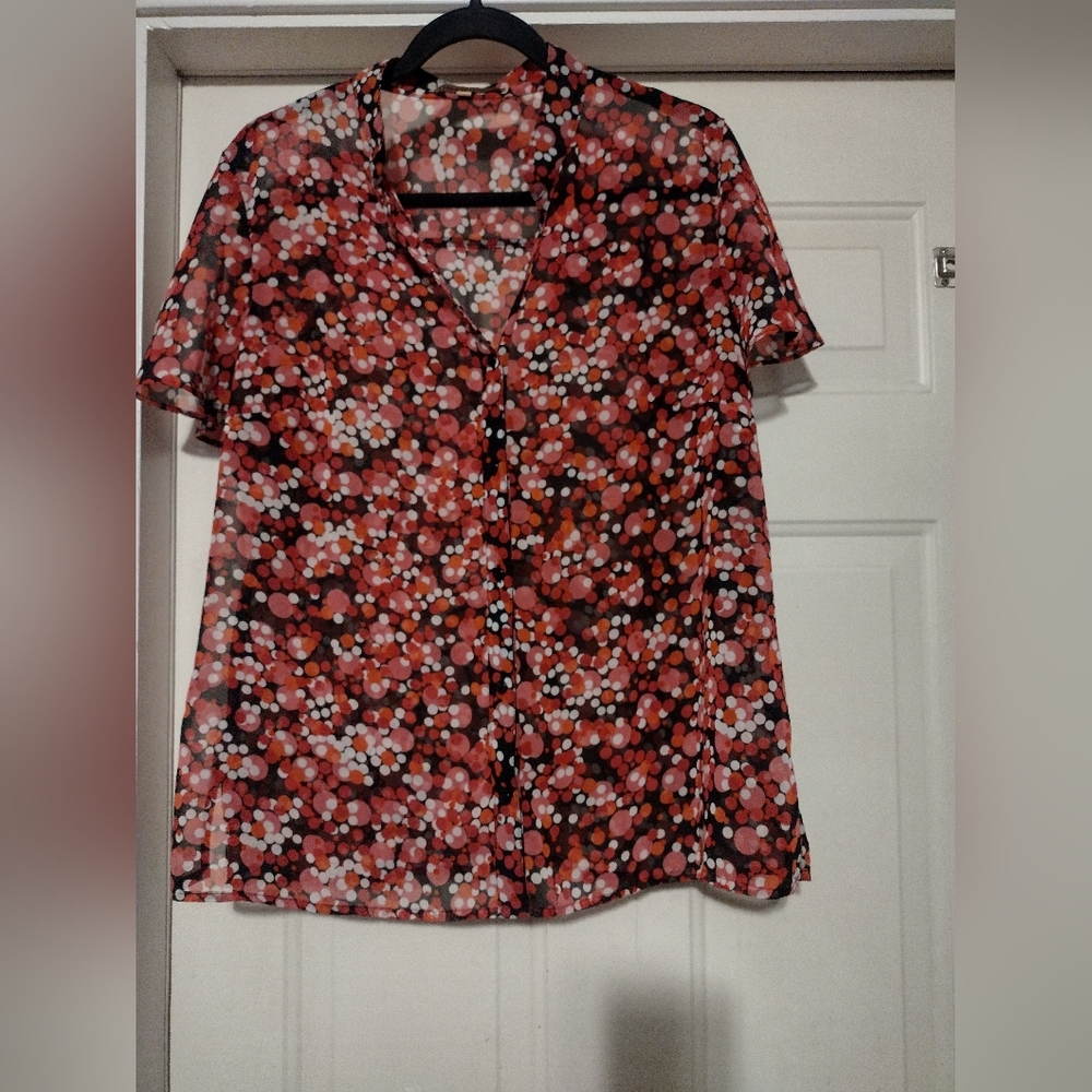 Notations Women's Multicolor Flower/Polka Dot Sheer Button Blouse Size XL